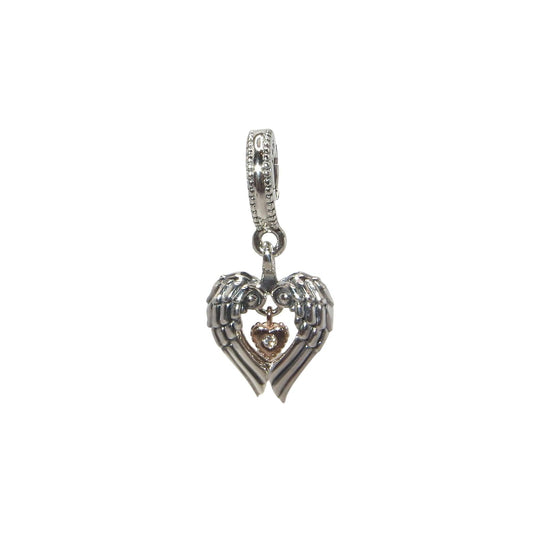 PANDORA 789296C01 Angel Wings and Heart - Dangle Charm - Sterling Silver Wings open to Reveal 14k Gold Heart - 2021 Club Charm