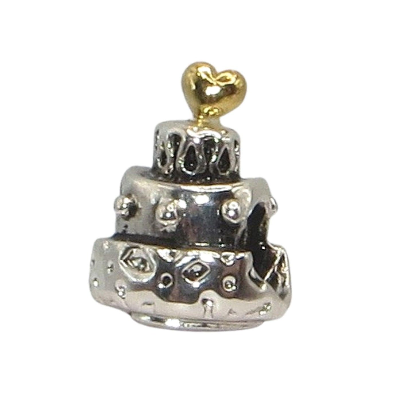 PANDORA 790347 Celebration Cake - 3-Tier Sterling Silver Cake Decorated with 14k Gold Heart - Women's - Charm - Charming Jilly