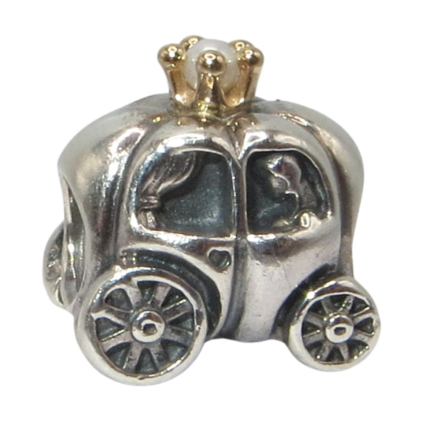 ﻿PANDORA 790598P Royal Carriage - Sterling Silver 4-Wheel Carriage with Curtain at Door Window - Royal Princess Seated at Rear of Carriage - 14k Crown adorns top and has White Pearl inside