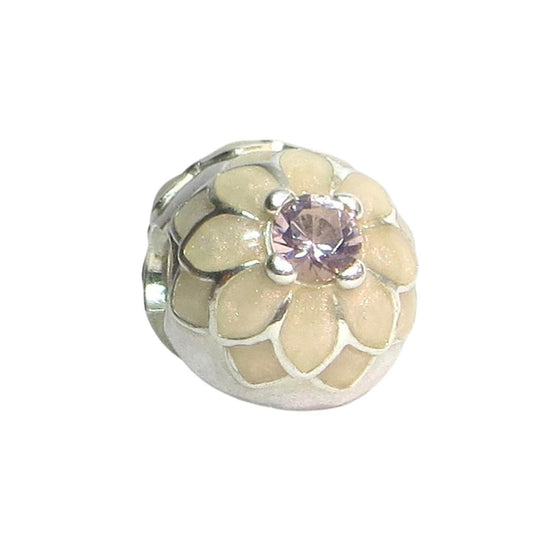 Pandora-791828NBP-Blooming Dahlia Clip-Sterling Silver Blooming Dahlia Flower Clip with Cream Enamel and Blush Pink Crystal 