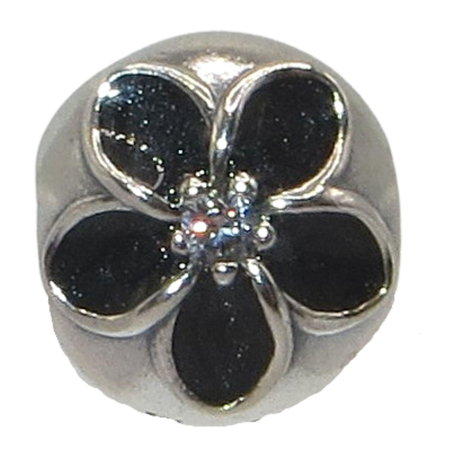 Pandora-791408CZ-Mystic Floral Clip-Woman's Charm-Sterling Silver Mystic Floral Clip with Clear Zirconia and Black Enamel