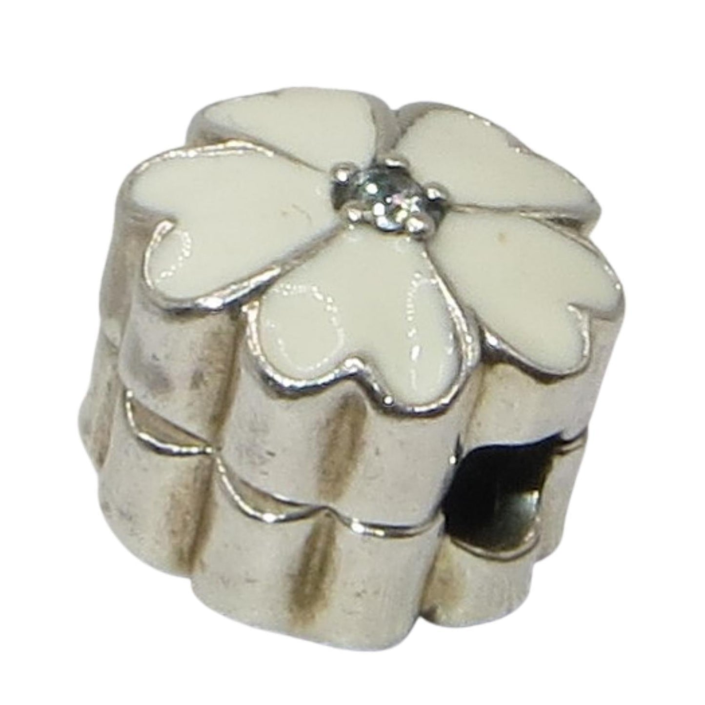 Pandora-791822EN12-Primrose White Clip-Woman's Charm Sterling Silver Primrose Clip with White Enamel and Clear CZ