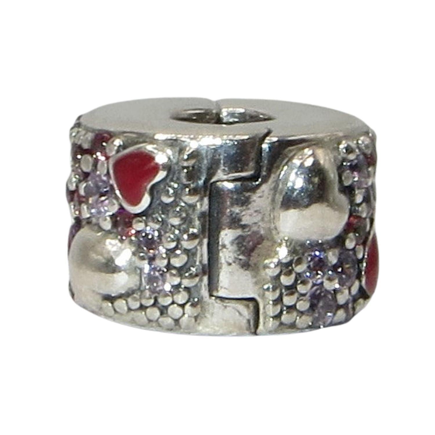 Pandora-797838CZRMX-Woman's Charm-Asymmetrical Hearts of Love Clip Sterling Silver Clip with Red and Pink CZ