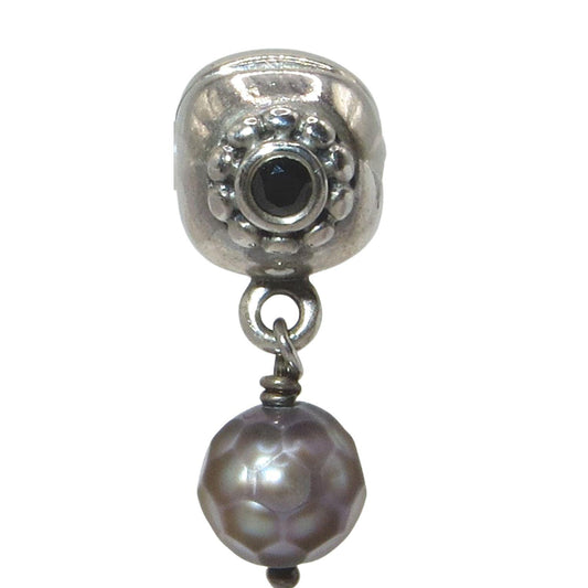 Pandora-790873PSG-Woman's Charm-Grey Faceted Pearl of Wisdom Dangle Clip Sterling Silver Dangle Clip with a Grey Faceted Pearl and Black CZ