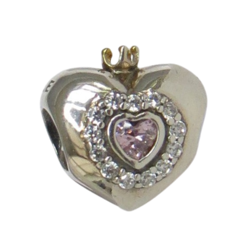 Pandora-791375PCZ-Woman's Charm-Princess Heart Charm Sterling Silver and 14K Gold Crowned Heart Charm with Clear and Pink CZ