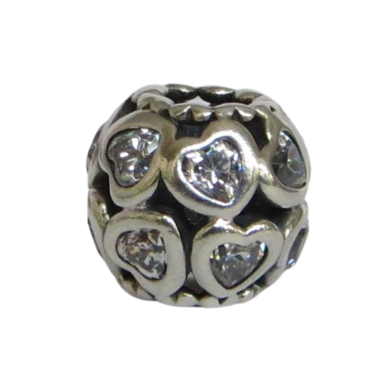 Pandora-791250CZ-Woman's Charm-Love All Around Charm Sterling Silver Round Charm with Clear CZ Hearts