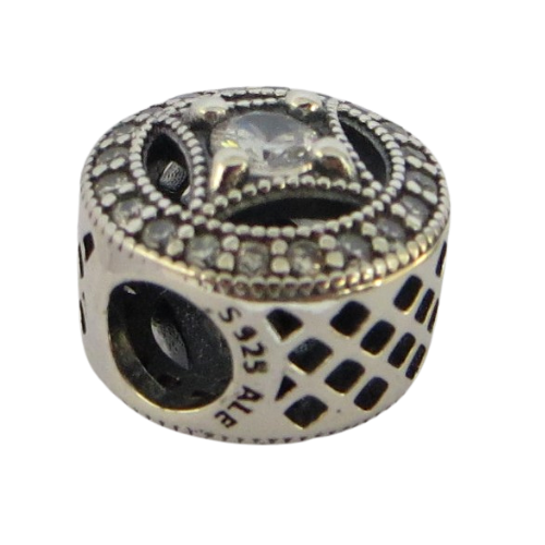Pandora-791970CZ-Woman's Charm-Vintage Allure Charm Sterling Silver Round Charm with Clear CZ