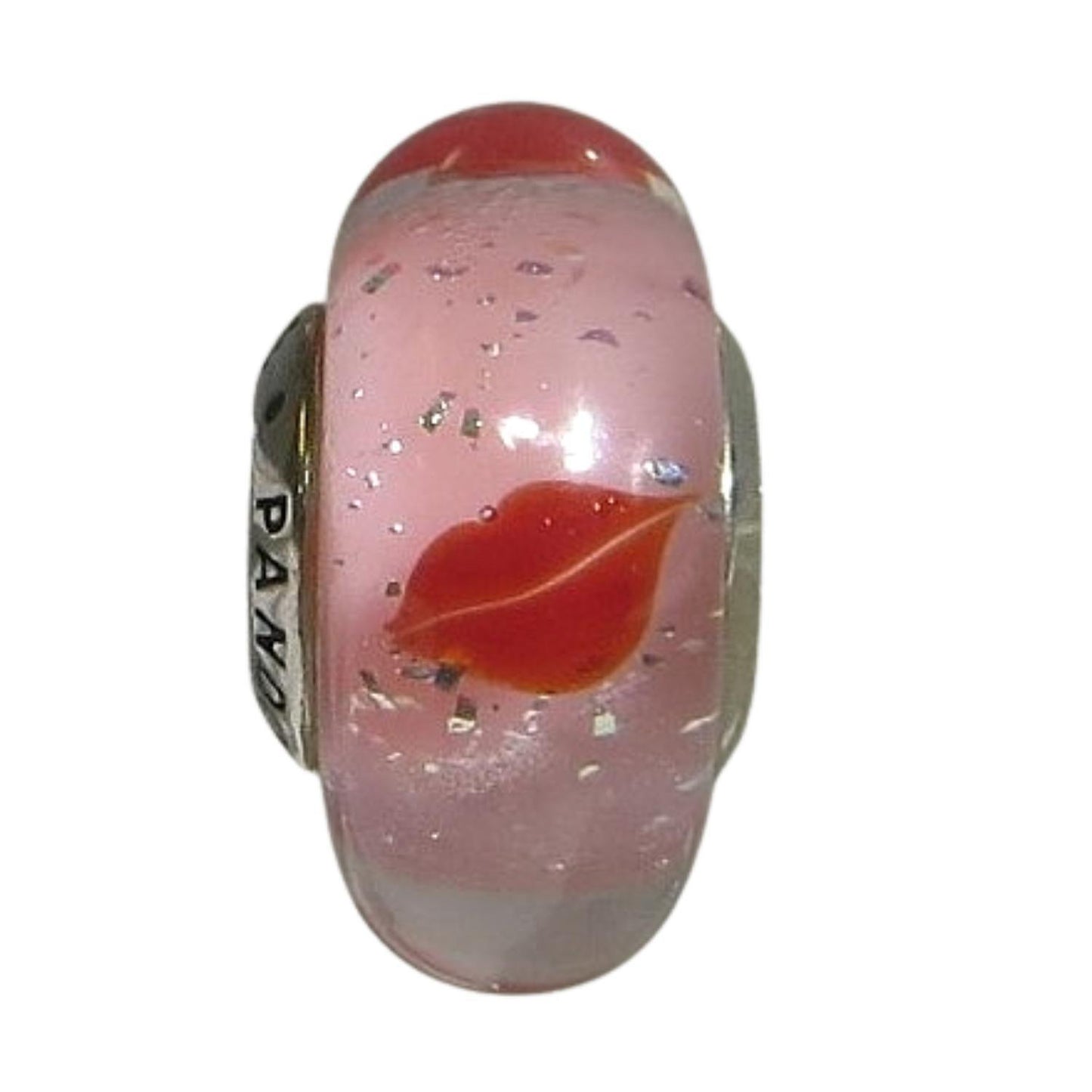 PANDORA 796598 – Murano Glass Kisses All Around - Red Lips on Pink Back with Embedded Silver Flecks - Woman’s Sterling Silver Charm - Charming Jilly