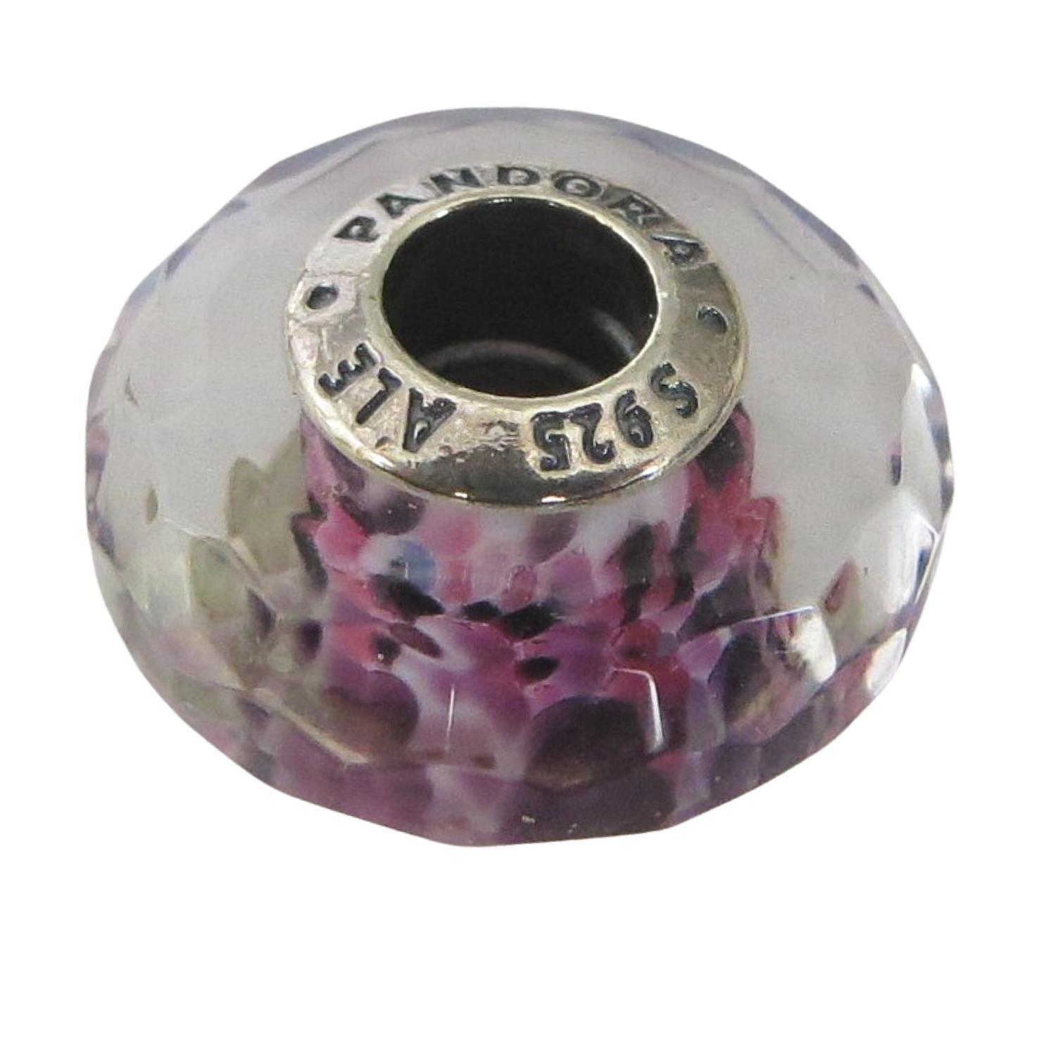 PANDORA 791608 – Murano Glass - Shoreline Sea Glass, Multicolor, Pink, Purple, Seafoam Green, Black Paint Dabs on White Background- Women’s Sterling Silver Round Charm - Charming Jilly