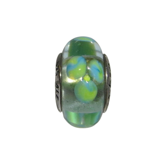 PANDORA 790607 – Lime Green, Aqua Dots on Clear Murano Glass over Teal Flowers - Women’s Sterling Silver Round Charm  Charming Jilly Price $30    Pandora Price $35