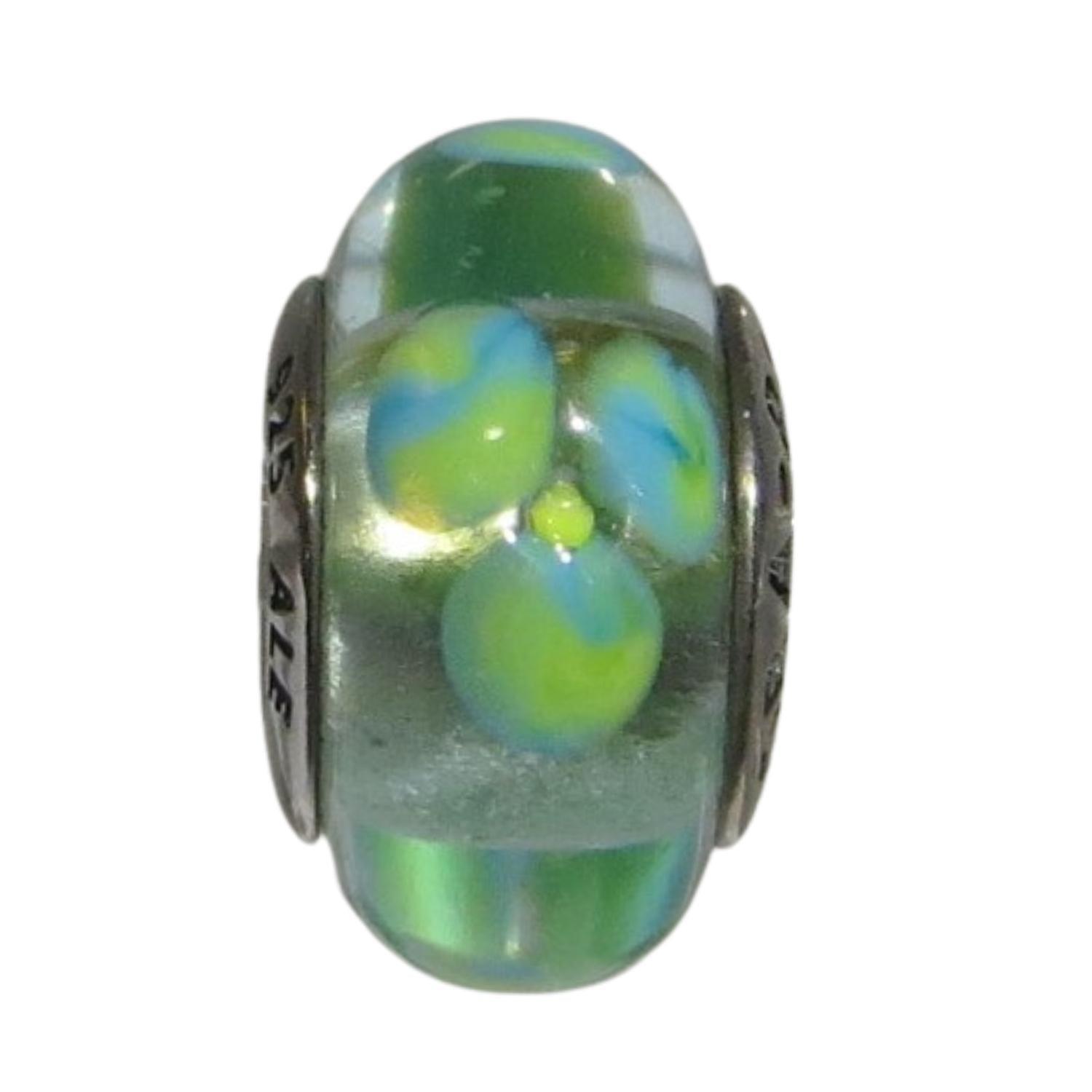 PANDORA 790607 – Lime Green, Aqua Dots on Clear Murano Glass over Teal Flowers - Women’s Sterling Silver Round Charm - Charming Jilly