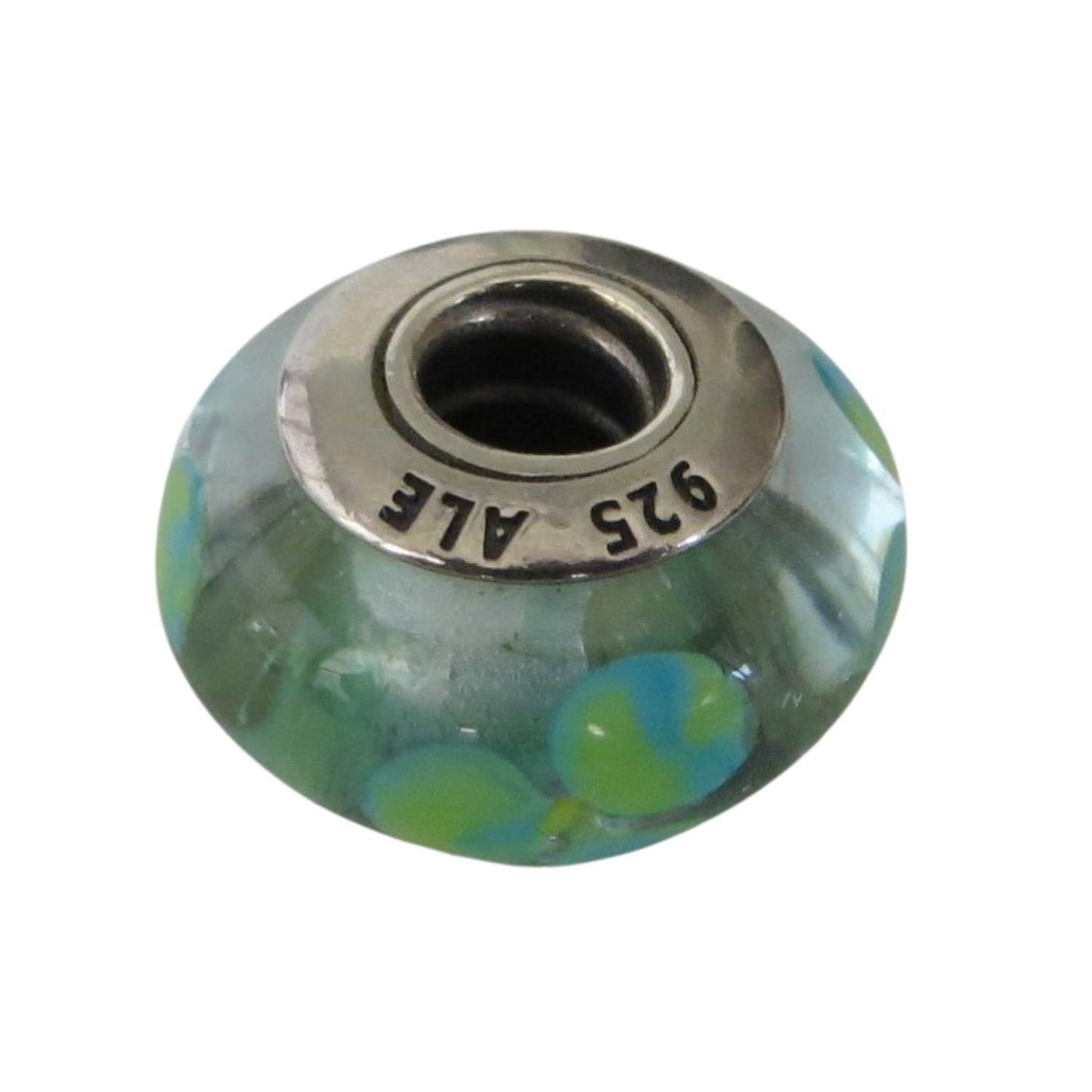 PANDORA 790607 – Lime Green, Aqua Dots on Clear Murano Glass over Teal Flowers - Women’s Sterling Silver Round Charm - Charming Jilly