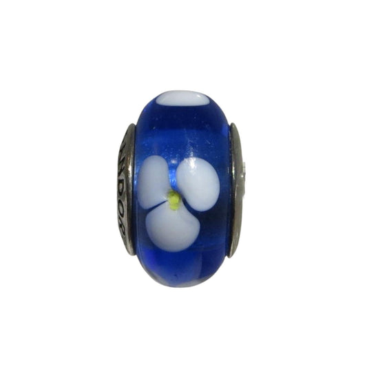 PANDORA 790609 – Murano Glass White Flowers with Yellow Centers on Royal Blue Back - Women’s Round Sterling Silver Charm, Charming Jilly Price $40