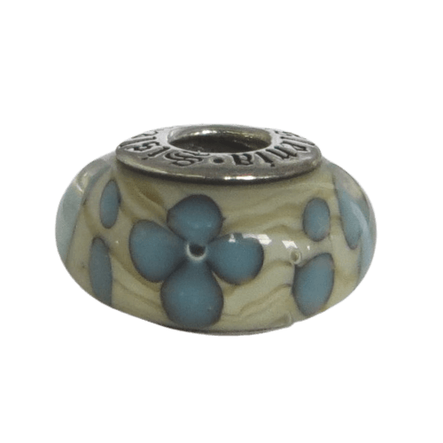 PANDORA310327 – Sislenia Murano Glass - Blue Petals on Cream Back - Women’s – Sterling Silver Charm - Charming Jilly