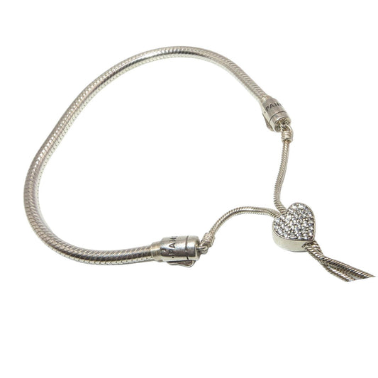 PANDORA 5986990C01-2 Pave Heart Clasp Slider Medium Snake Sterling Silver Charm Bracelet