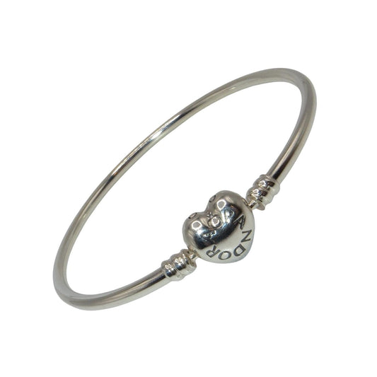 PANDORA 596268 Size 7.5 Smooth Heart Logo Clasp Sterling Bangle Charm Bracelet