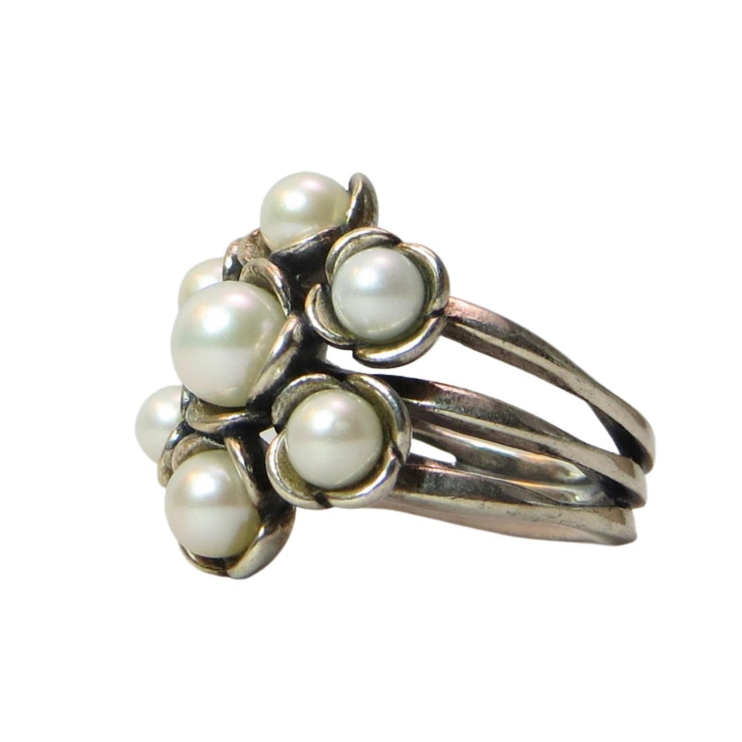Pandora WISHFUL THINKING Sterling Silver and Pearl Ring 190887P.  Seven pearls each set in a sterling flower sit atop 3 thin adjoining sterling bands.