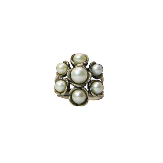 Pandora WISHFUL THINKING Sterling Silver and Pearl Ring 190887P.  Seven pearls each set in a sterling flower sit atop 3 thin adjoining sterling bands.