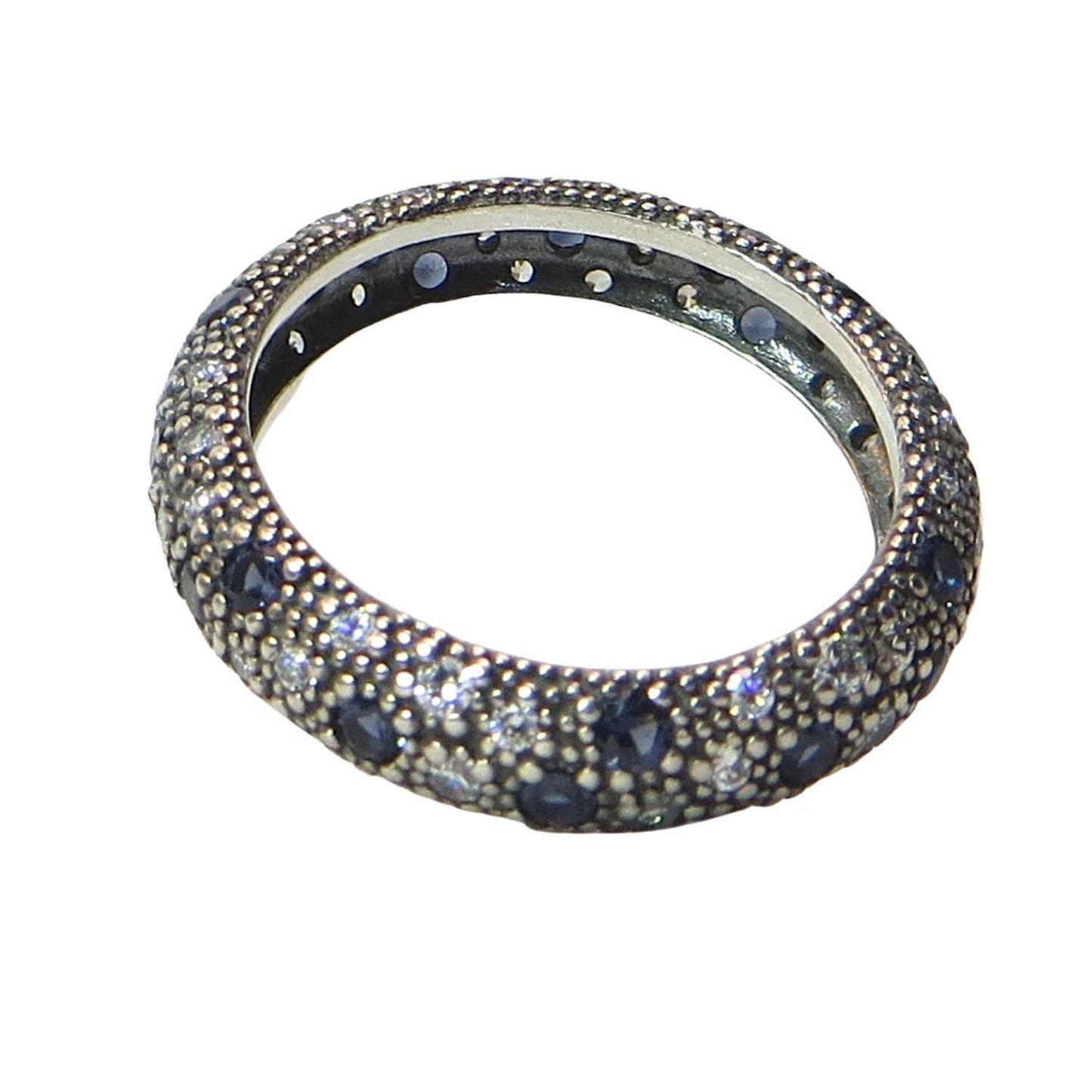 Pandora 190915NBC COSMIC STARS Authentic Sterling Silver and Blue CZ Ring.  A stacking ring of pave blue and clear CZs.