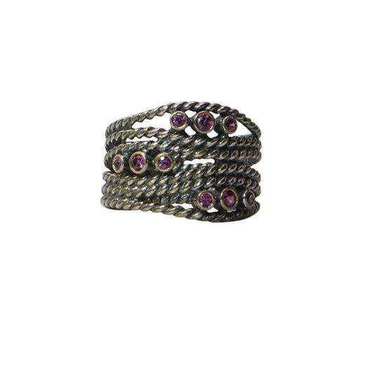 Pandora 190863RHL HIDDEN ROMANCE RHODOLITE Sterling Silver and Rhodolite Stacking Ring.  Ribbed bands of oxidized sterling mesh together and topped with light pink faceted rhodolite stones.
