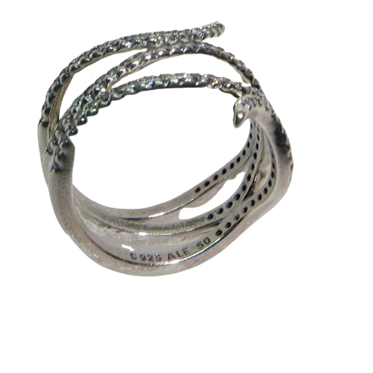 Pandora 190954CZ SWIRLING SNAKE Sterling Silver and Clear CZ Ring. Thin strands of sterling adorned with clear CZs forms a snake design.