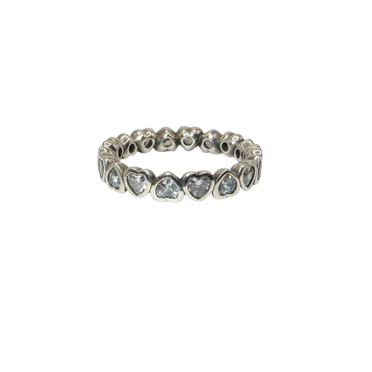 Pandora 190897CZ FOREVER MORE CLEAR CZ Sterling Silver Stacking Ring.  Alternating oriented hearts in clear CZs surround this stacking band.