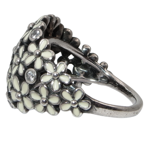 PANDORA 190936EN12 Darling Daisy Bouquet White Enamel and Sterling Silver Woman's Ring Size 8
