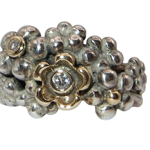 PANDORA 190245D Flower Bouquet Size 5.5 14k Gold, Diamond and Sterling Silver Woman's Stacking Ring RARE!