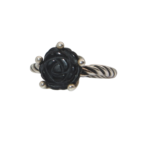 PANDORA 190843ON Onyx Rose Size 10 Carved Onyx and Sterling Silver Woman's Stacking Ring
